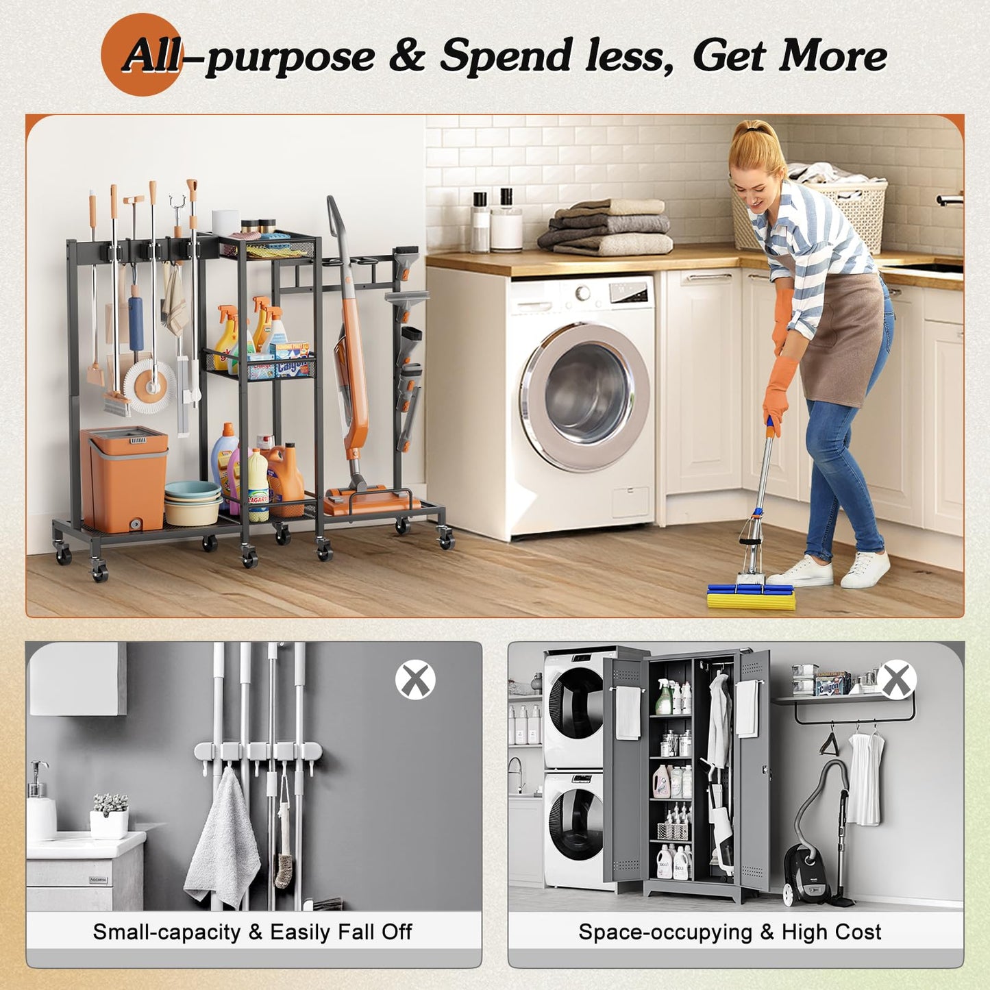 Broom Holder Cleaning Supplies Organizer Closet Storage Cabinet Mop Vacuum Storage Rack Laundry Room Organizer Cabinet