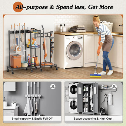 Broom Holder Cleaning Supplies Organizer Closet Storage Cabinet Mop Vacuum Storage Rack Laundry Room Organizer Cabinet