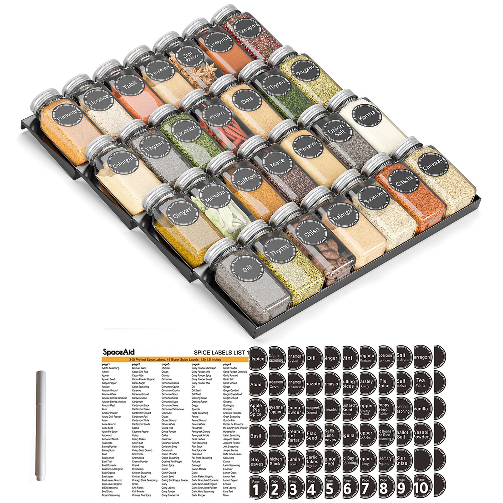 Spice Drawer Organizer with 28 Spice Jars Labels and Marker Kitchen Drawer Storage Rack