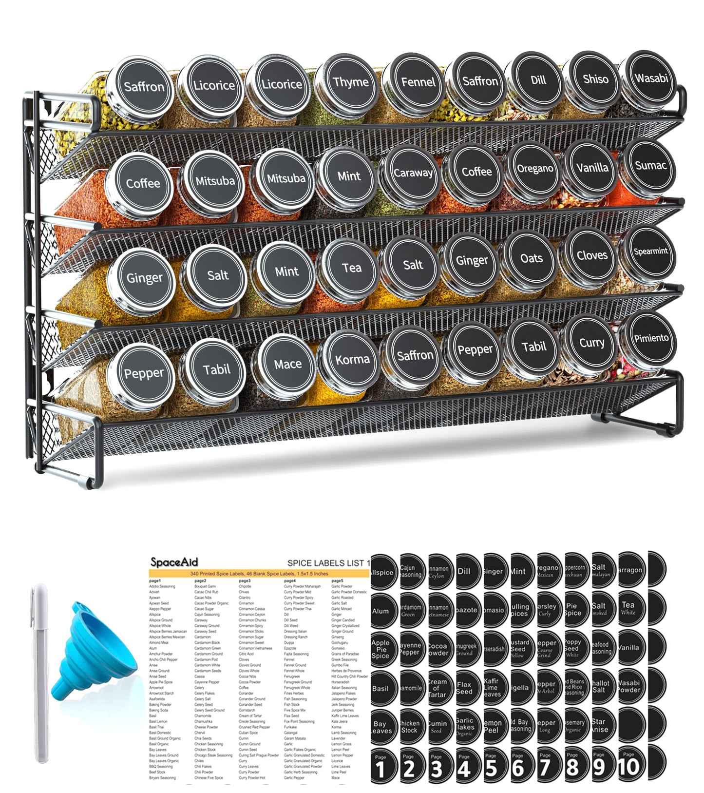 Spice Rack Organizer with Jars Labels Marker Funnel Cabinet Pantry Wall Mount Storage Set