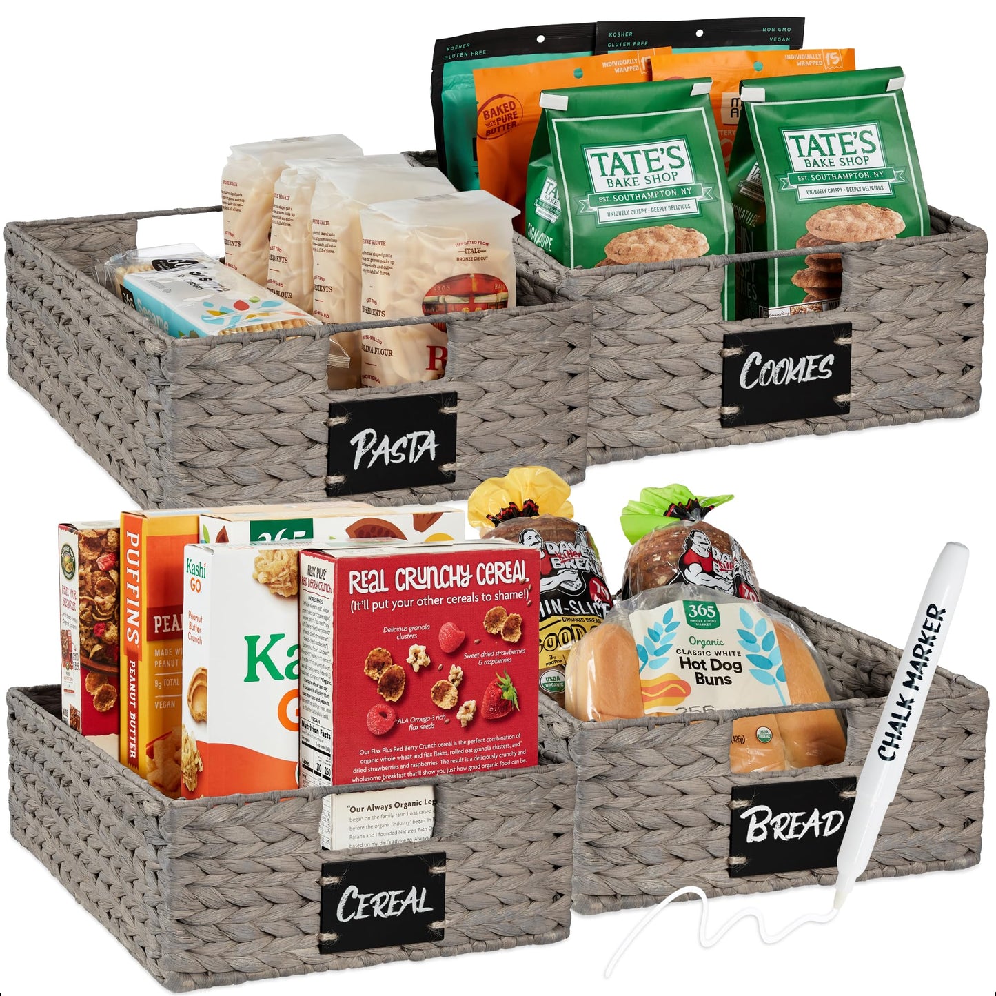 Woven Water Hyacinth Pantry Storage Baskets with Chalkboard Labels Set of 2