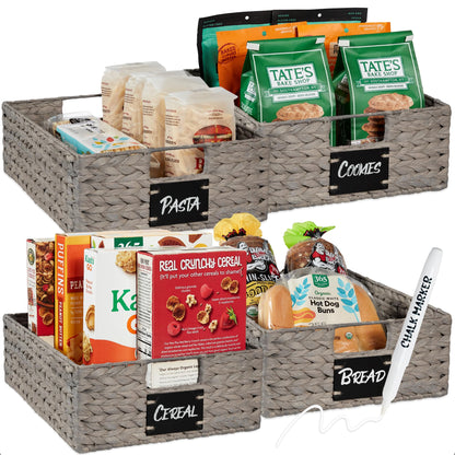 Woven Water Hyacinth Pantry Storage Baskets with Chalkboard Labels Set of 2