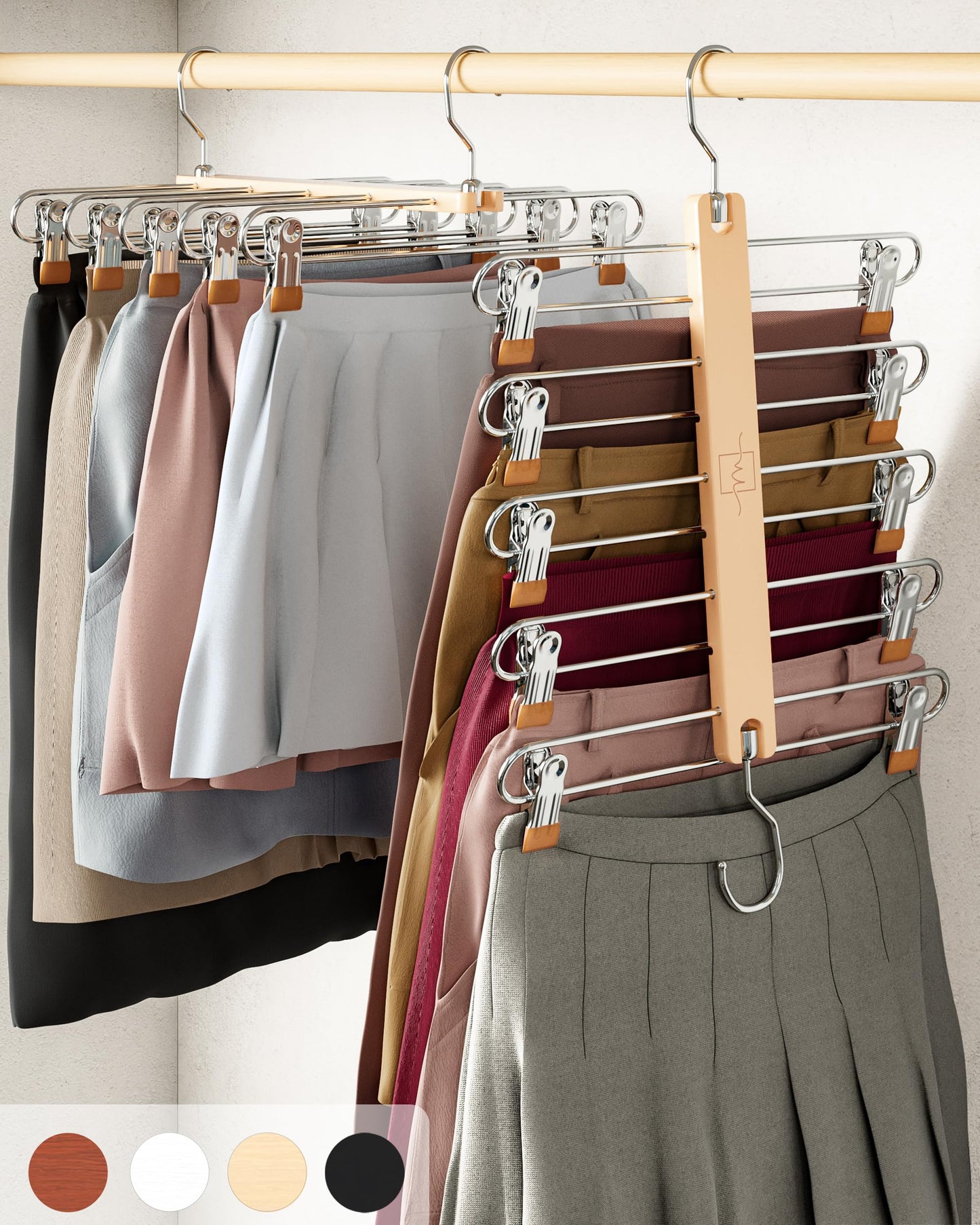 Skirt Hangers Space Saving Clips 5 Tier Wooden Pants Skirts Closet Organizer Swivel Hook