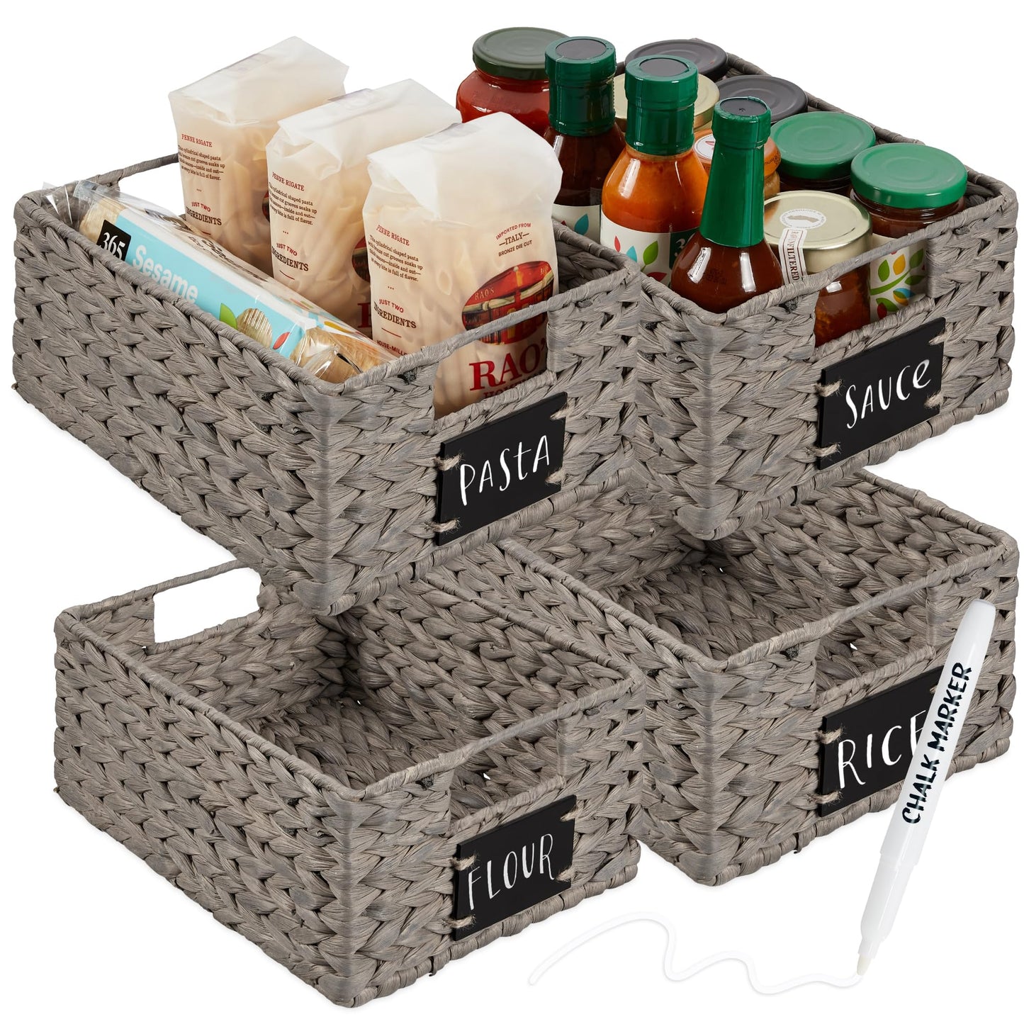 Woven Water Hyacinth Pantry Storage Baskets with Chalkboard Labels Set of 2
