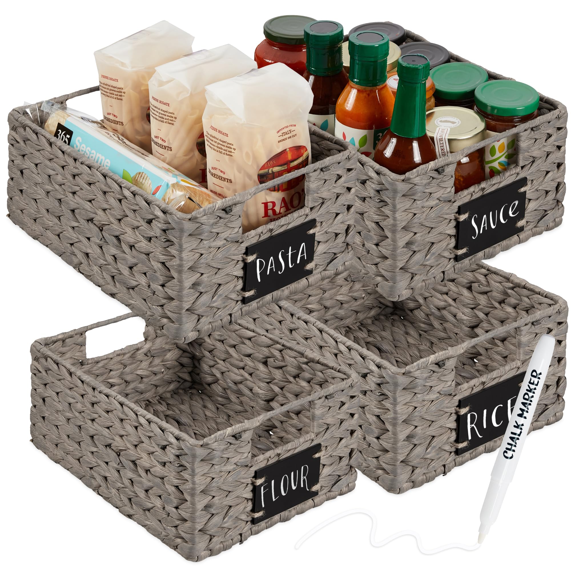 Woven Water Hyacinth Pantry Storage Baskets with Chalkboard Labels Set of 2