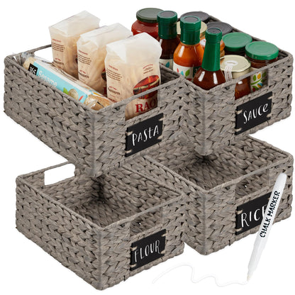 Woven Water Hyacinth Pantry Storage Baskets with Chalkboard Labels Set of 2