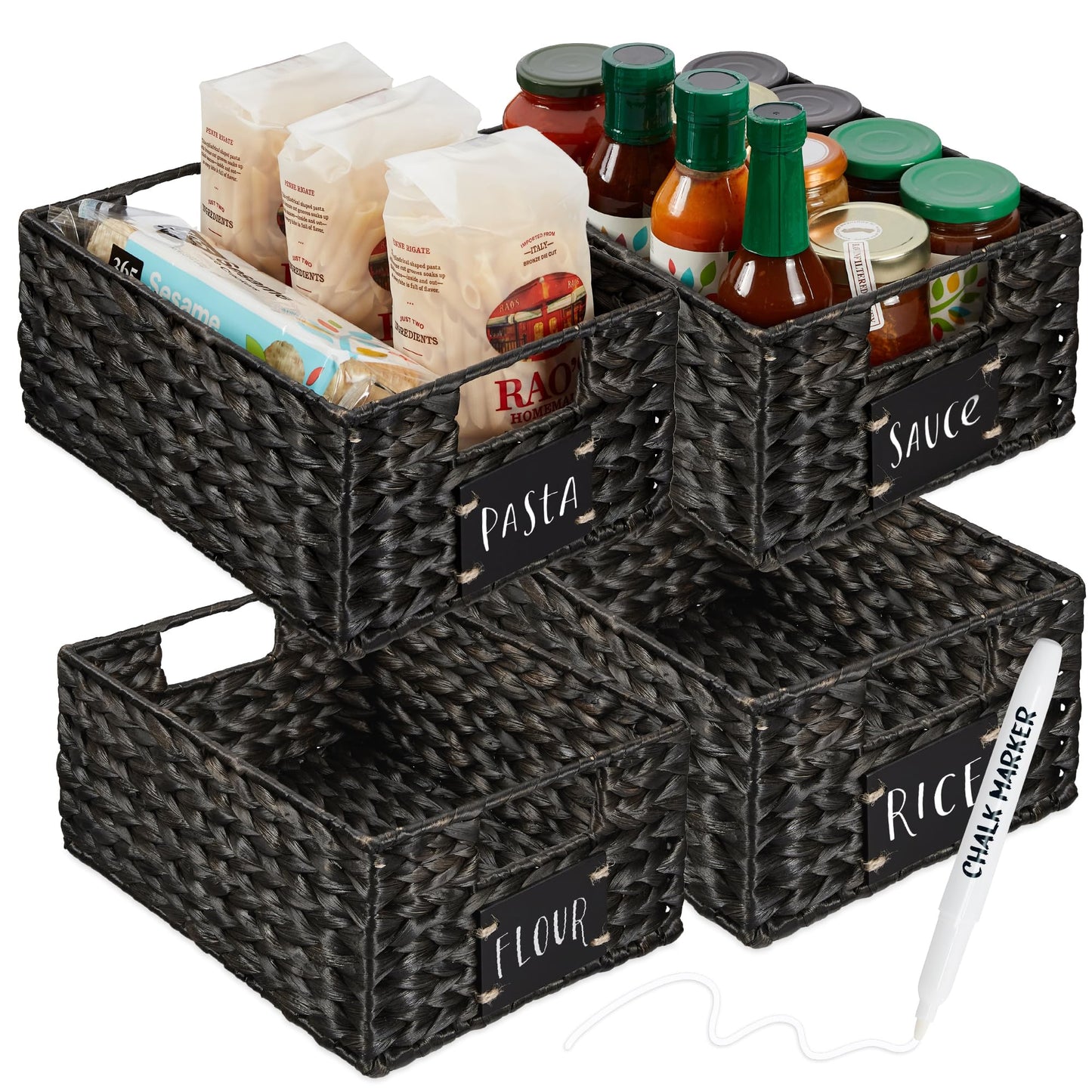 Woven Water Hyacinth Pantry Storage Baskets with Chalkboard Labels Set of 2