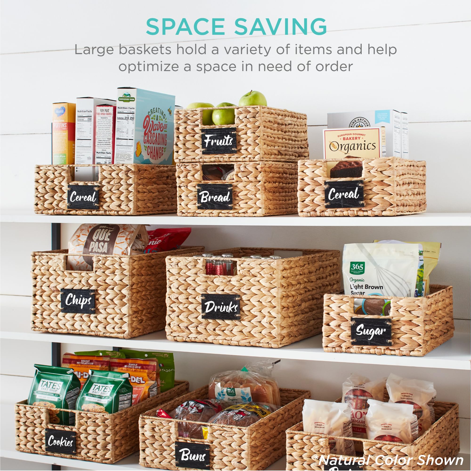 Woven Water Hyacinth Pantry Storage Baskets with Chalkboard Labels Set of 2