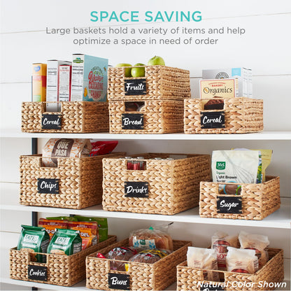 Woven Water Hyacinth Pantry Storage Baskets with Chalkboard Labels Set of 2