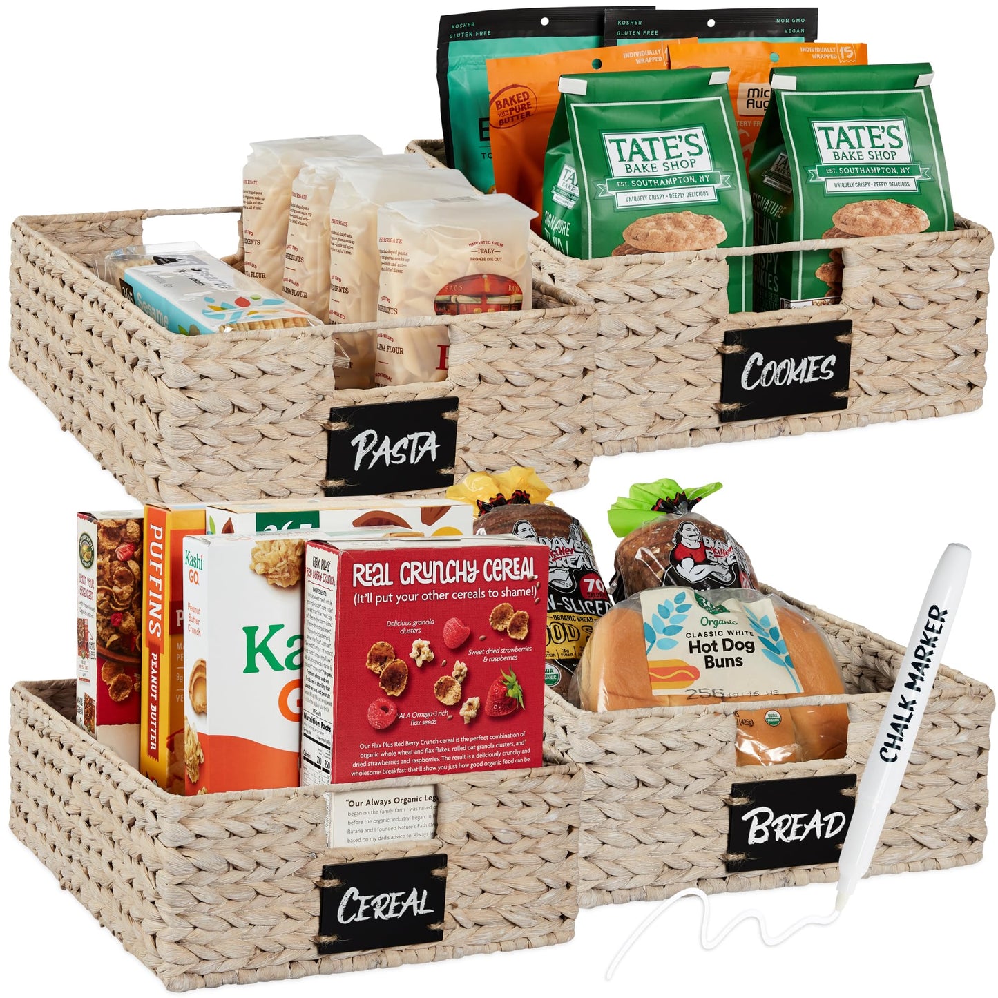 Woven Water Hyacinth Pantry Storage Baskets with Chalkboard Labels Set of 2