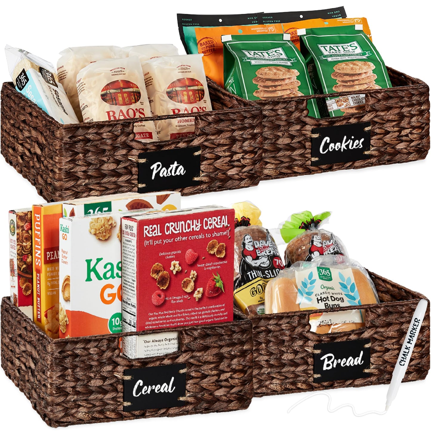 Woven Water Hyacinth Pantry Storage Baskets with Chalkboard Labels Set of 2