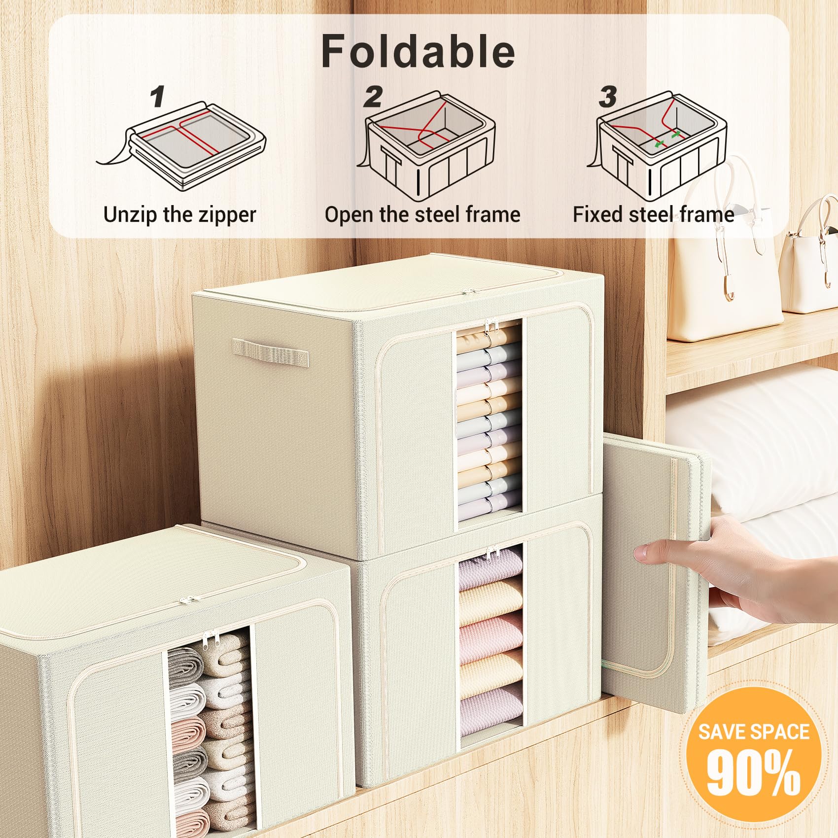 Clothes Storage Bins Metal Frame Foldable Storage Box Clothes Blankets Toys Organizer