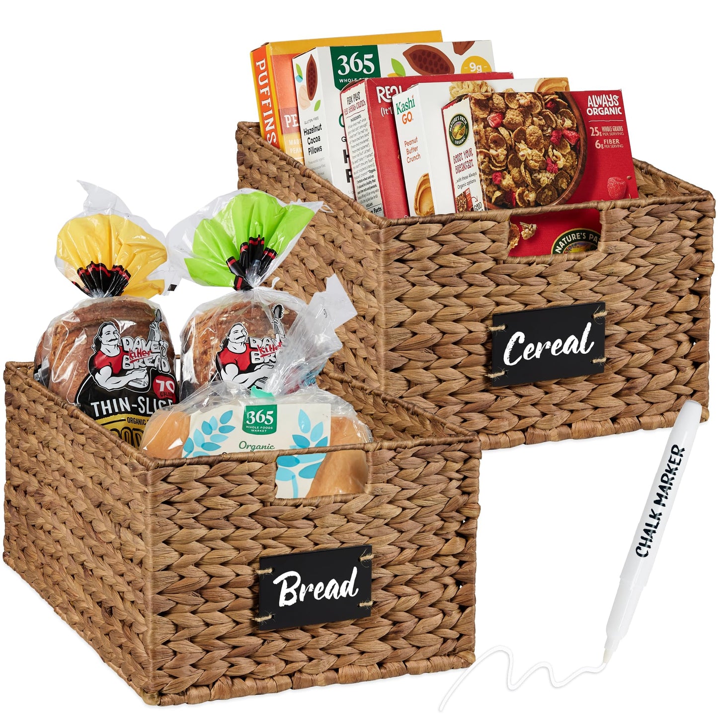 Woven Water Hyacinth Pantry Storage Baskets with Chalkboard Labels Set of 2