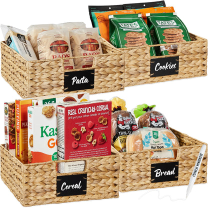 Woven Water Hyacinth Pantry Storage Baskets with Chalkboard Labels Set of 2