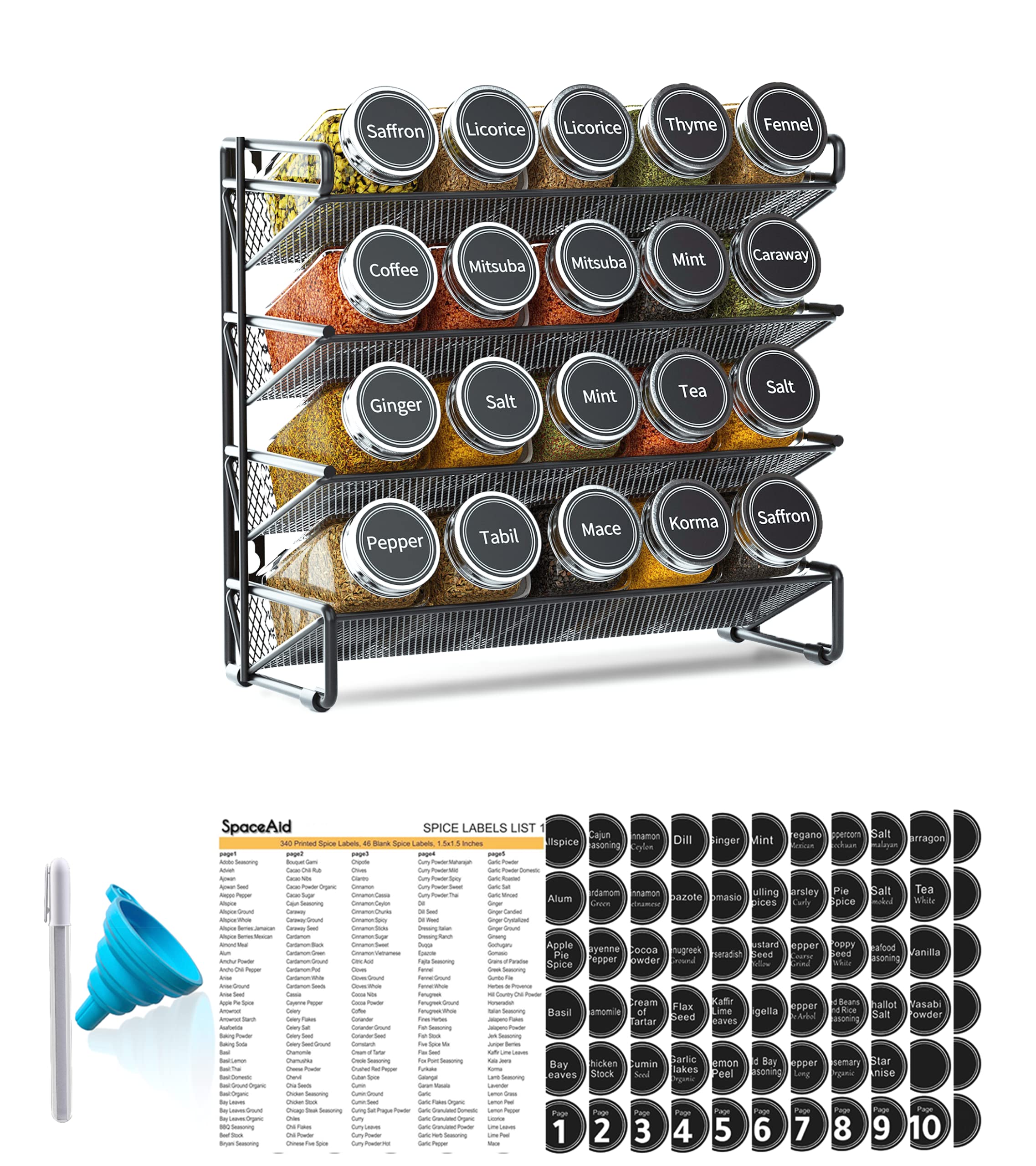 Spice Rack Organizer with Jars Labels Marker Funnel Cabinet Pantry Wall Mount Storage Set