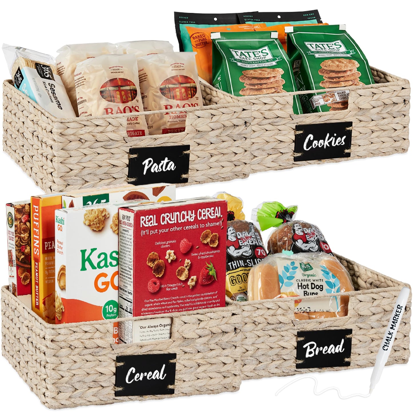 Woven Water Hyacinth Pantry Storage Baskets with Chalkboard Labels Set of 2