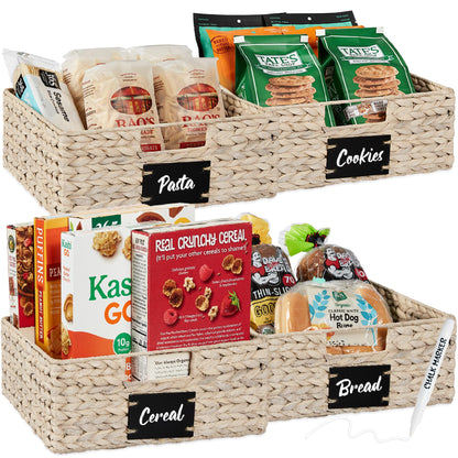 Woven Water Hyacinth Pantry Storage Baskets with Chalkboard Labels Set of 2