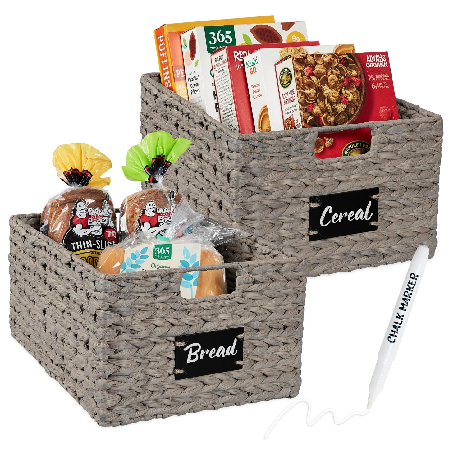 Woven Water Hyacinth Pantry Storage Baskets with Chalkboard Labels Set of 2