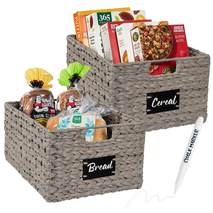 Woven Water Hyacinth Pantry Storage Baskets with Chalkboard Labels Set of 2
