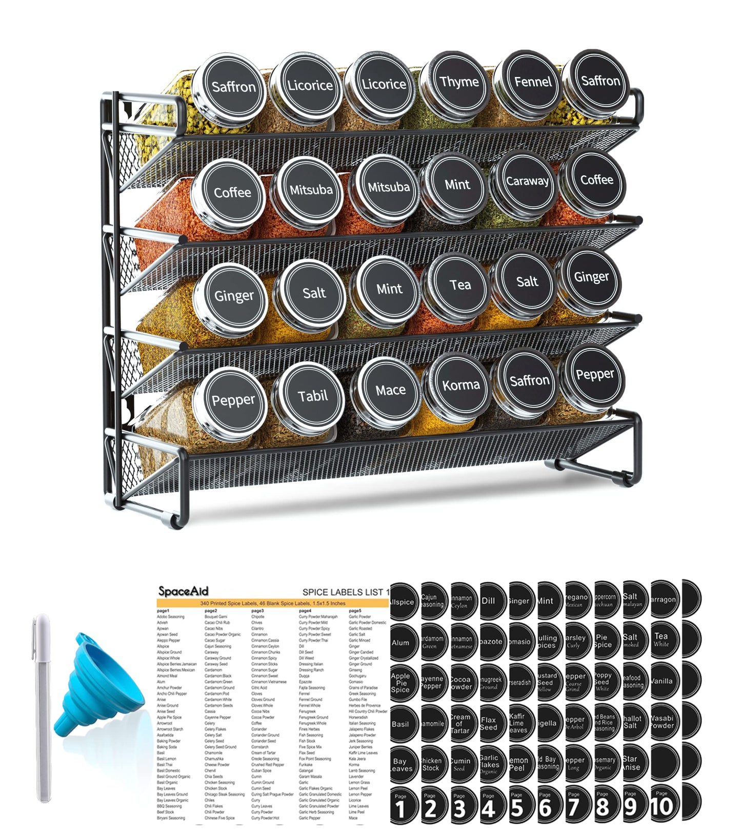 Spice Rack Organizer with Jars Labels Marker Funnel Cabinet Pantry Wall Mount Storage Set