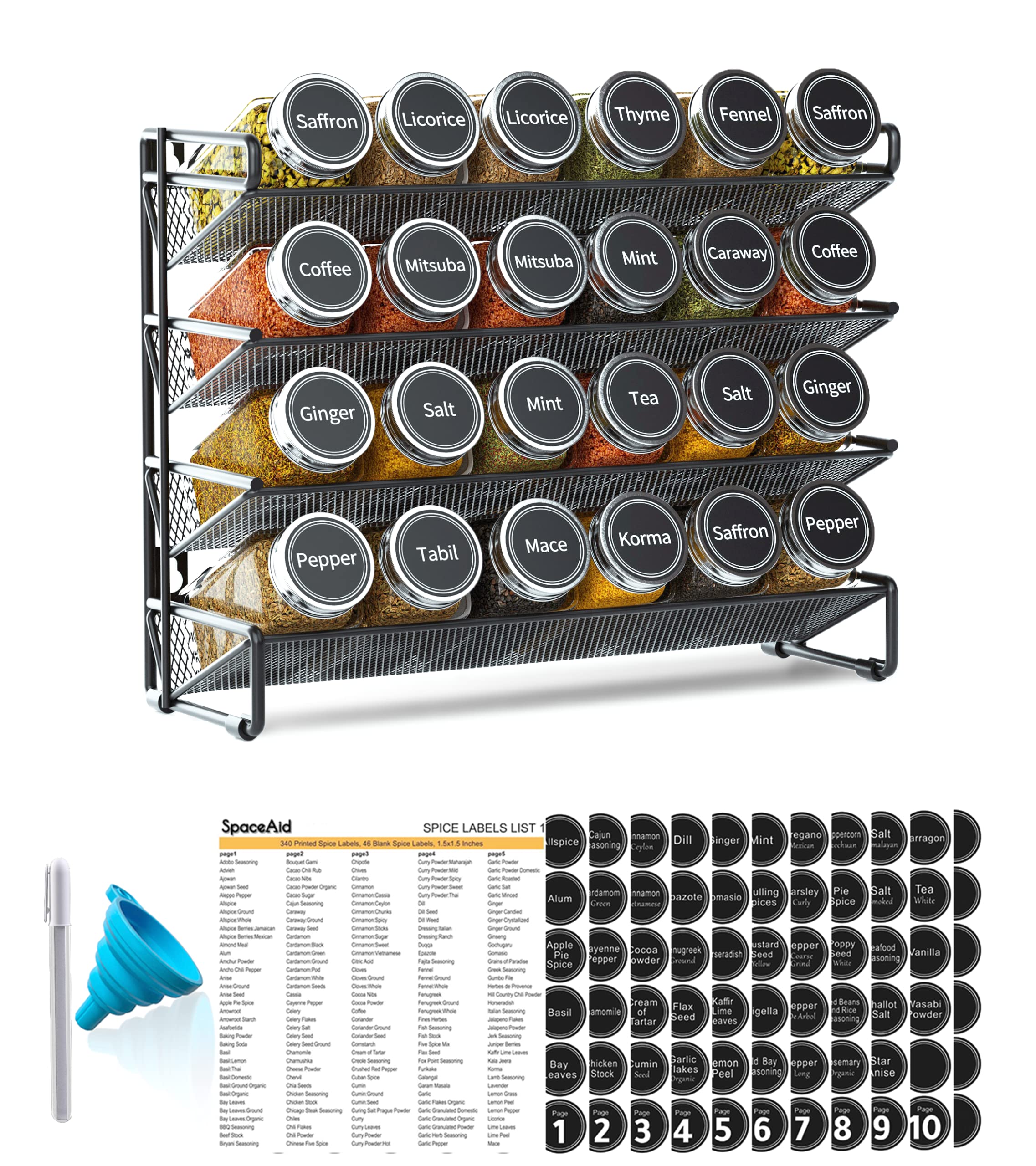 Spice Rack Organizer with Jars Labels Marker Funnel Cabinet Pantry Wall Mount Storage Set