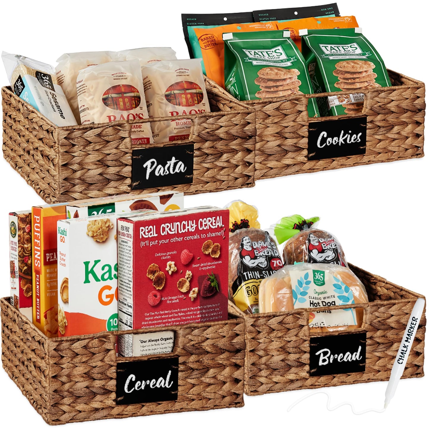 Woven Water Hyacinth Pantry Storage Baskets with Chalkboard Labels Set of 2