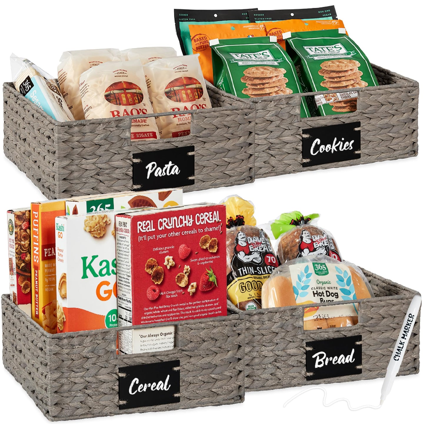 Woven Water Hyacinth Pantry Storage Baskets with Chalkboard Labels Set of 2