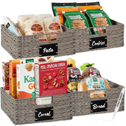 Woven Water Hyacinth Pantry Storage Baskets with Chalkboard Labels Set of 2
