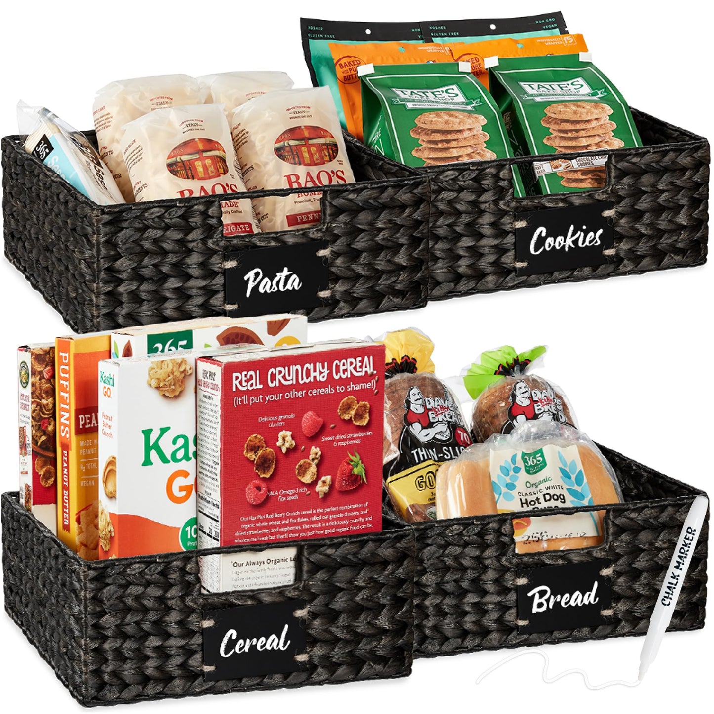 Woven Water Hyacinth Pantry Storage Baskets with Chalkboard Labels Set of 2