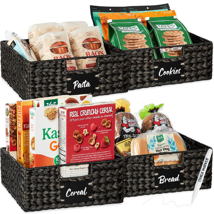Woven Water Hyacinth Pantry Storage Baskets with Chalkboard Labels Set of 2