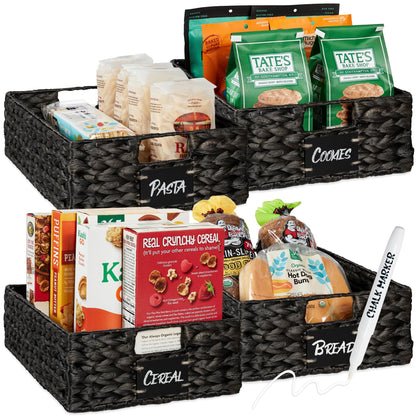 Woven Water Hyacinth Pantry Storage Baskets with Chalkboard Labels Set of 2