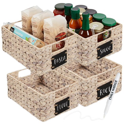Woven Water Hyacinth Pantry Storage Baskets with Chalkboard Labels Set of 2
