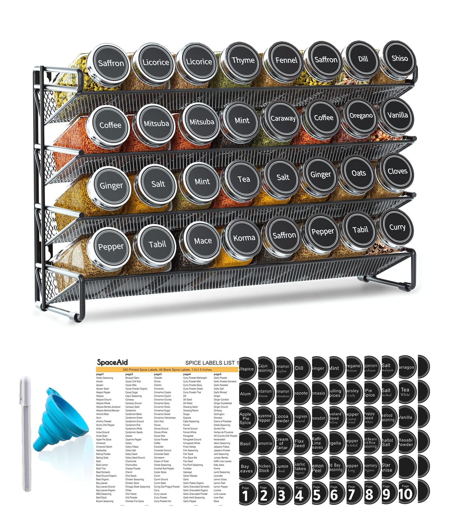 Spice Rack Organizer with Jars Labels Marker Funnel Cabinet Pantry Wall Mount Storage Set
