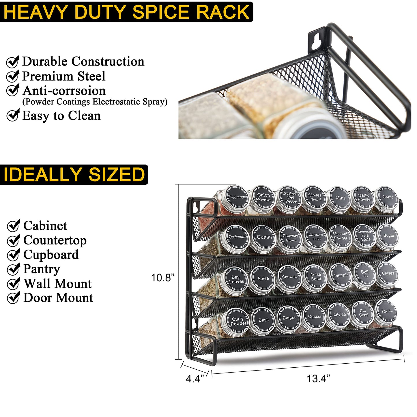 Spice Rack Organizer with Jars Labels Marker Funnel Cabinet Pantry Wall Mount Storage Set