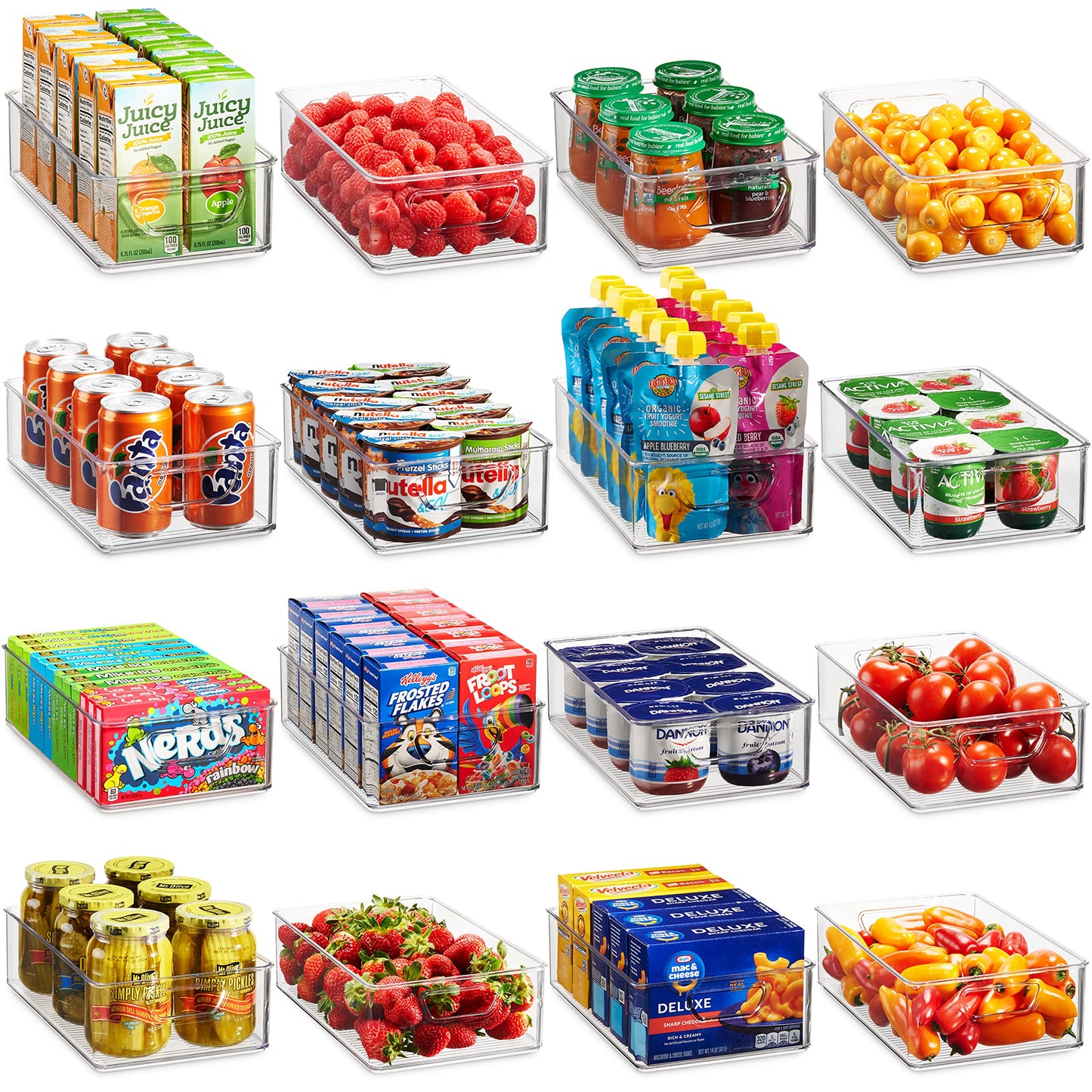 Set of 16 Refrigerator Organizer Bins Stackable Pantry Storage Baskets Clear Plastic Fridge Organizer with Handles