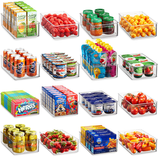 Set of 16 Refrigerator Organizer Bins Stackable Pantry Storage Baskets Clear Plastic Fridge Organizer with Handles